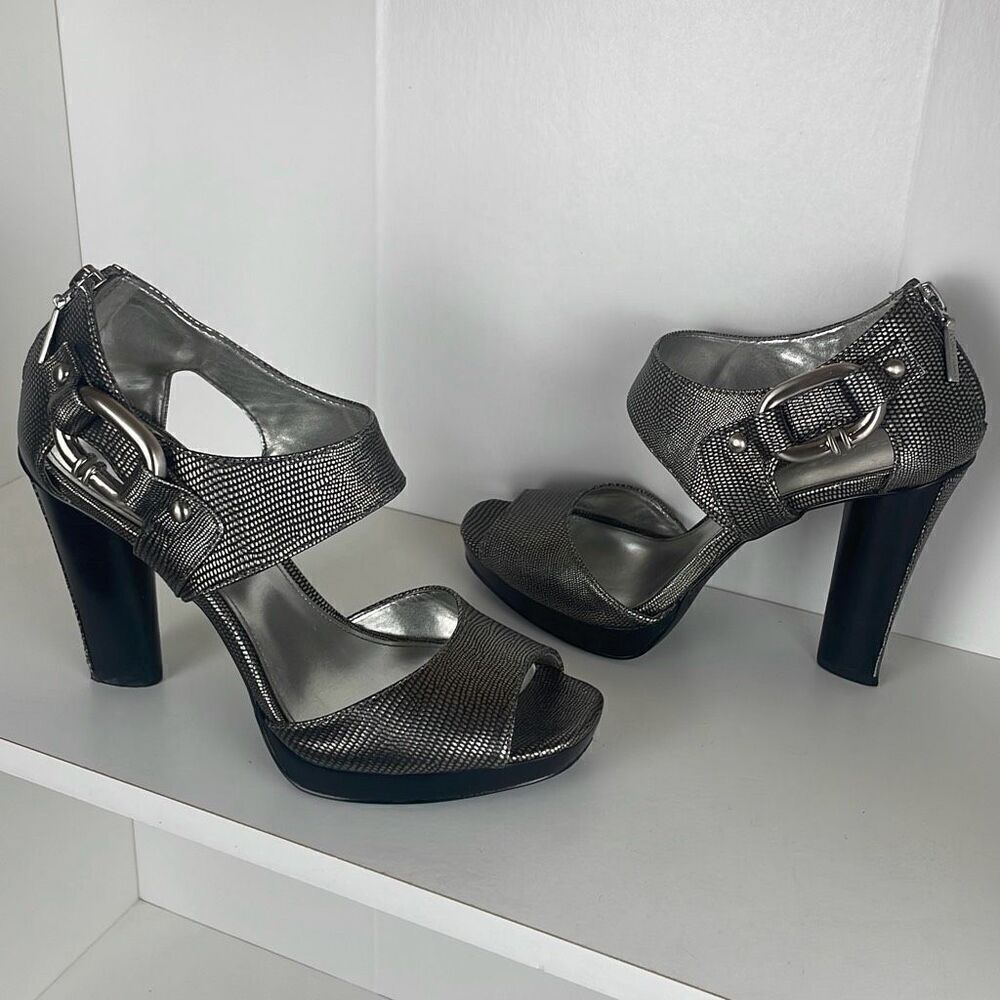 Calvin Klein Melissa Pewter Metallic Lizard Embossed Sandals 7.5